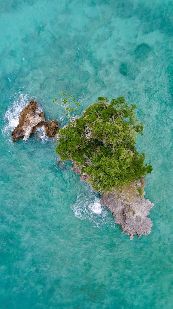 Aerial view of a small green island and rocks in turquoise sea