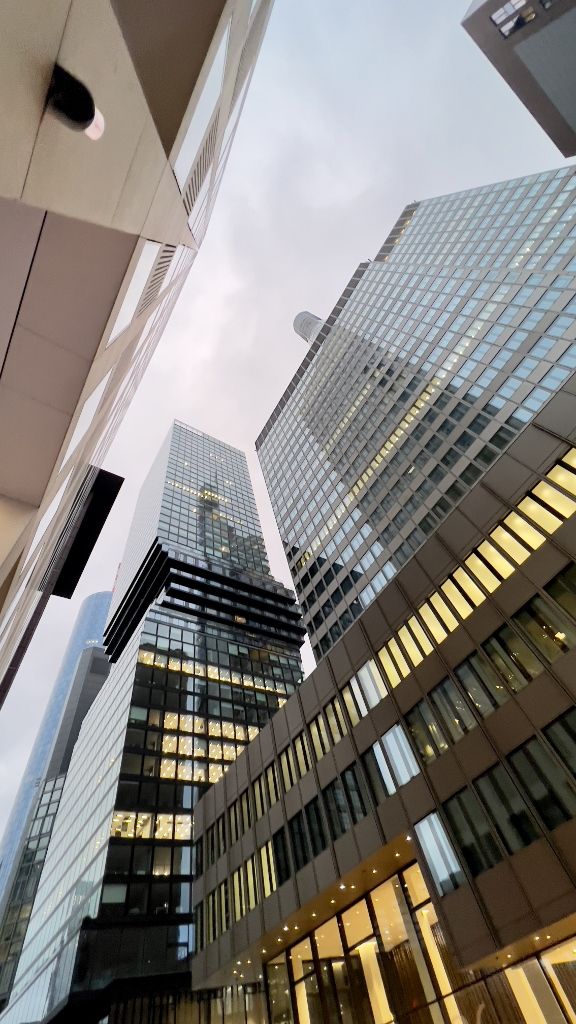 Frankfurt skyscrapers photographed from below at dusk