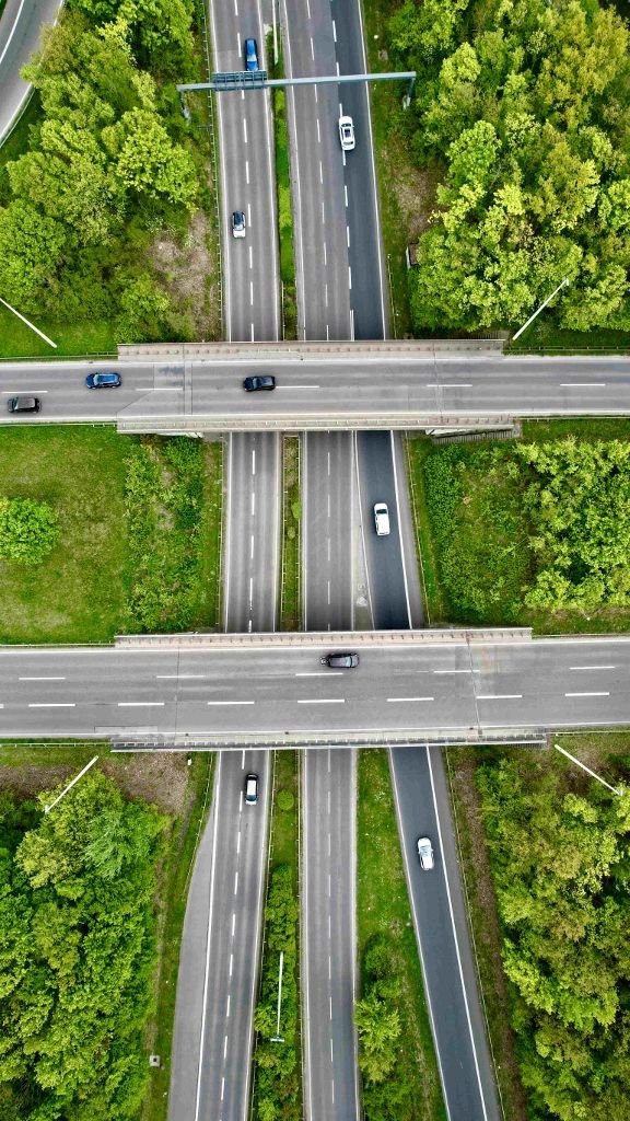 Aerial view of a forested motorway interchange in Germany